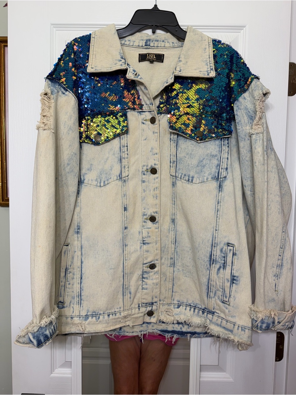 L&B Light Wash Denim Jacket with Blue & Green Sequin Yoke